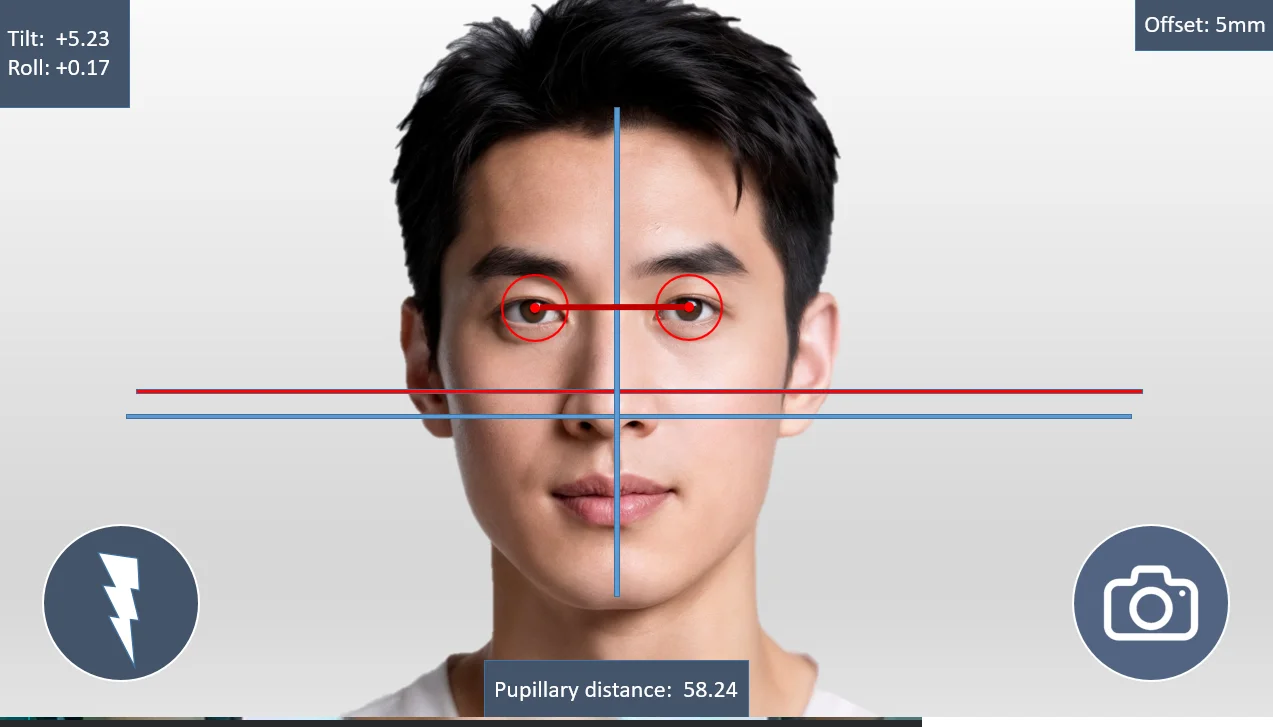 Measurement module for pantoscopic angle and pupillary distance