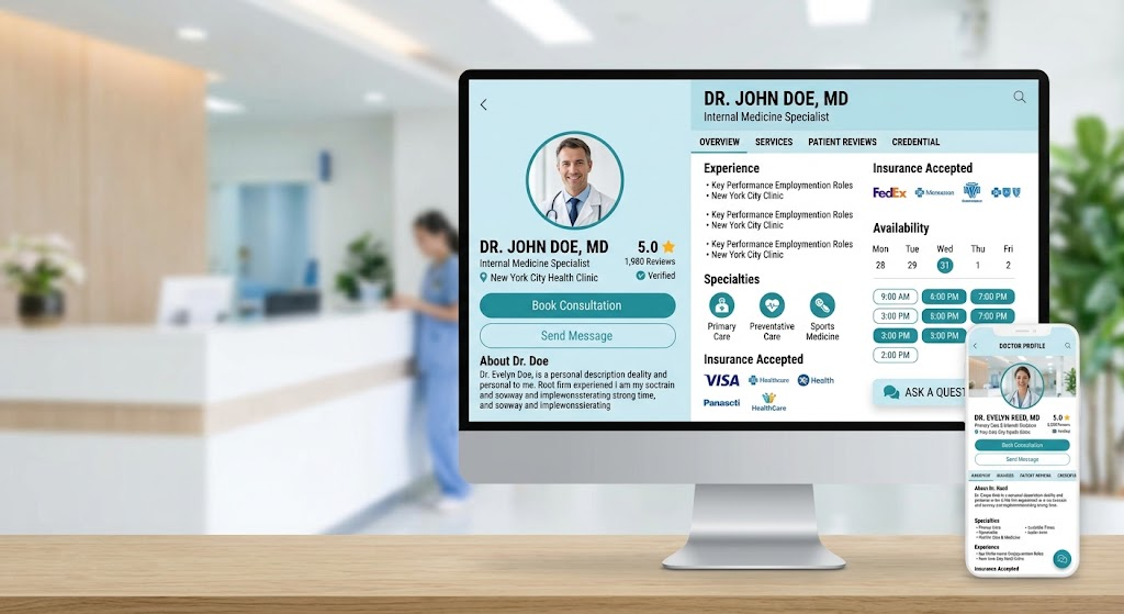 Doctor profile site on desktop and phone, with booking and availability