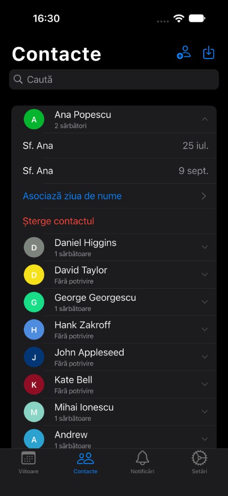 Contact list with name-day matches