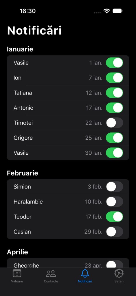 Notification toggles grouped by month