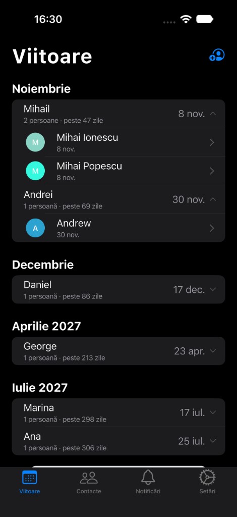Upcoming name days in dark mode
