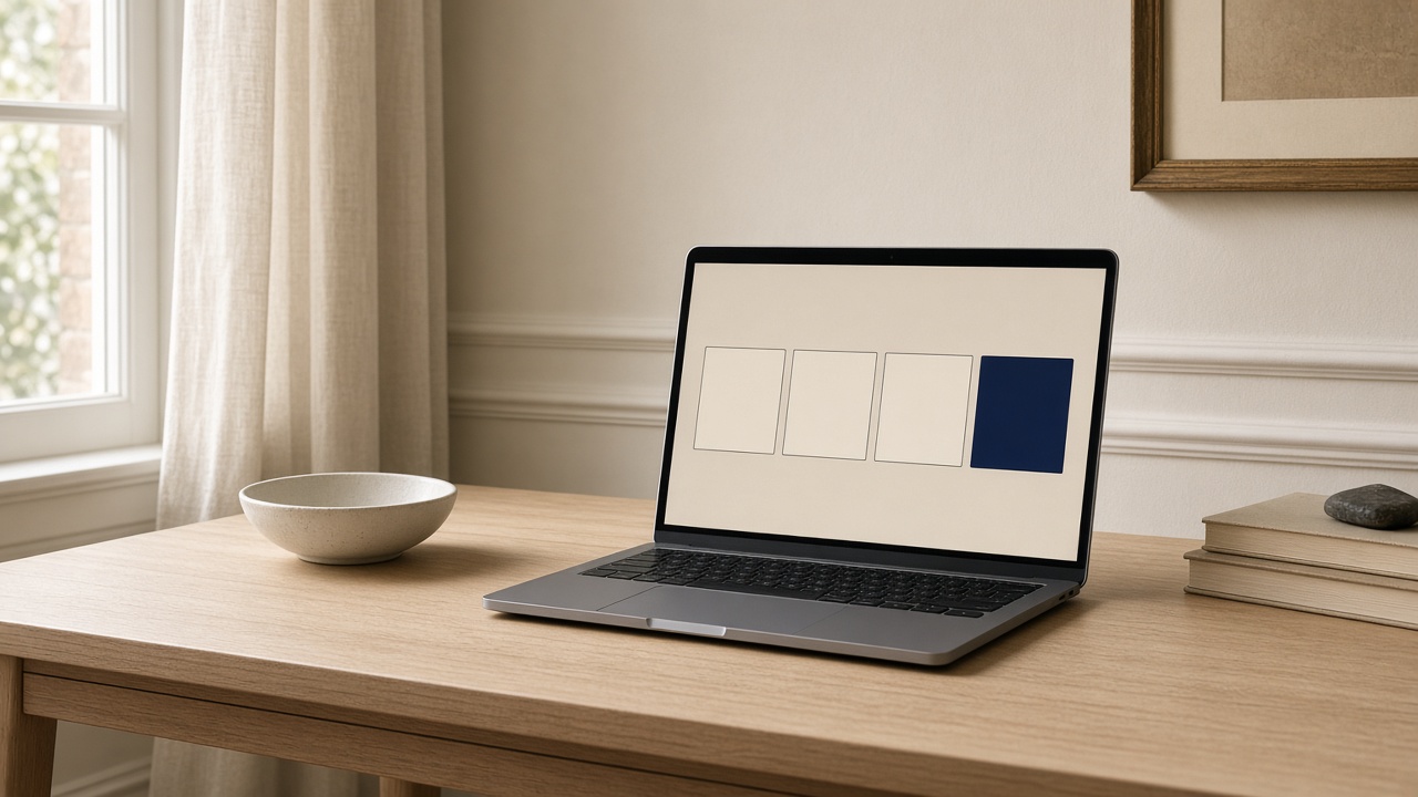 Laptop on a desk showing a sequence of interface panels, the last one highlighted