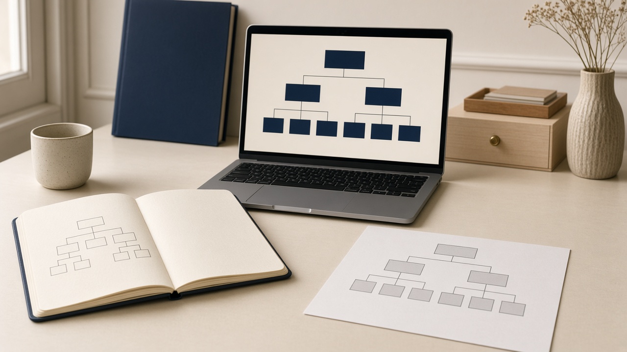 Desk with notebooks of occupation trees and a career-mapping interface on a laptop