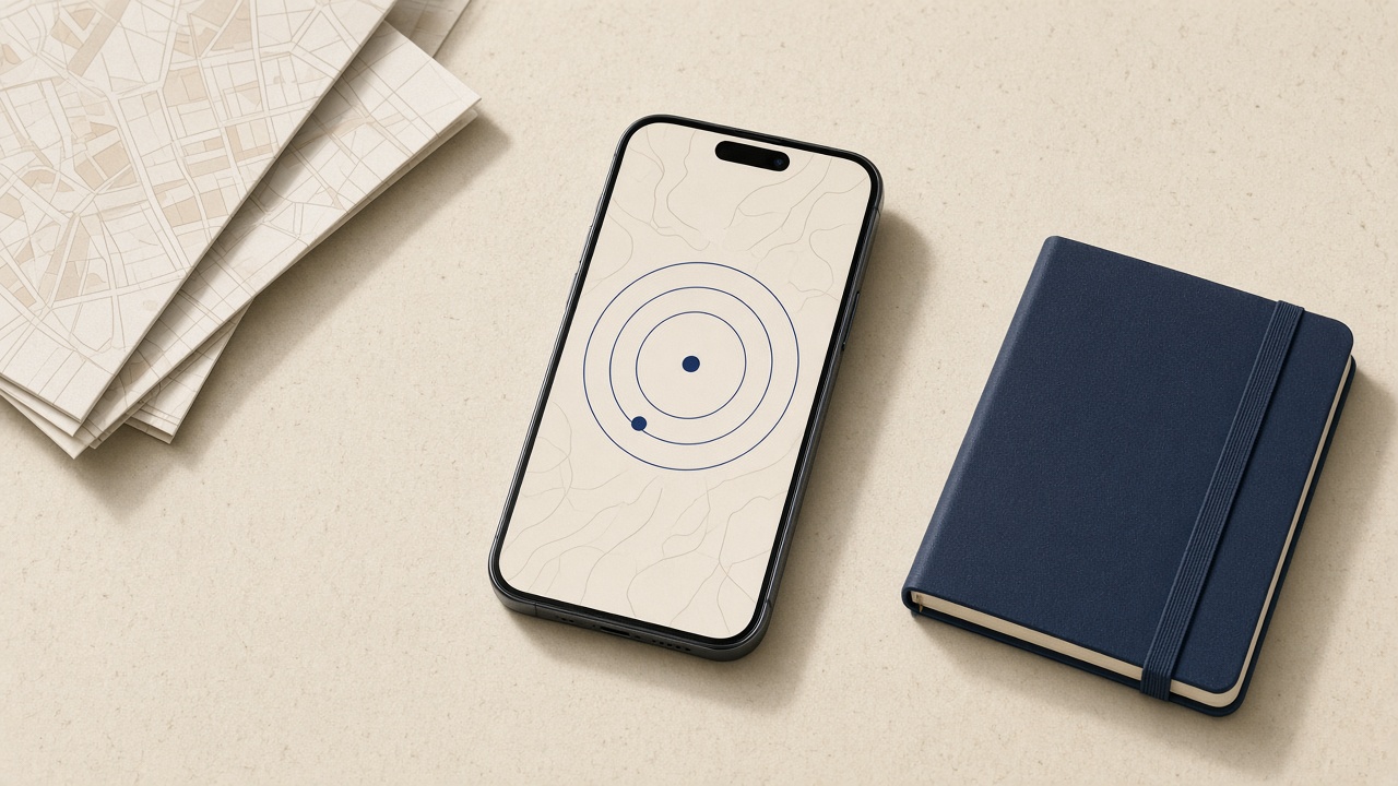 Smartphone showing a sparse map with overlapping location rings, beside a folded paper map