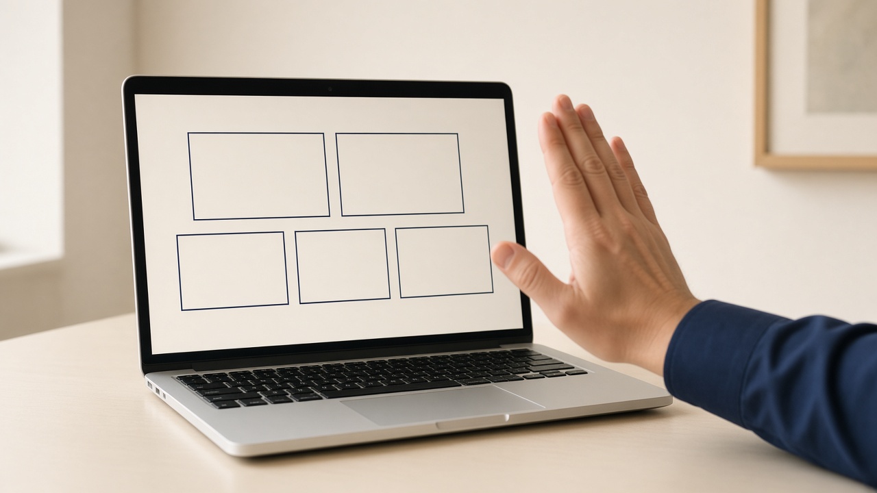 Open hand gesturing in front of a laptop webcam, screen showing a simple website